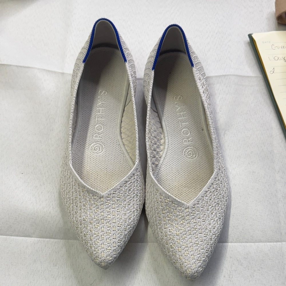 Rothy's Pointed Knit Flat in Cream with Blue Trim